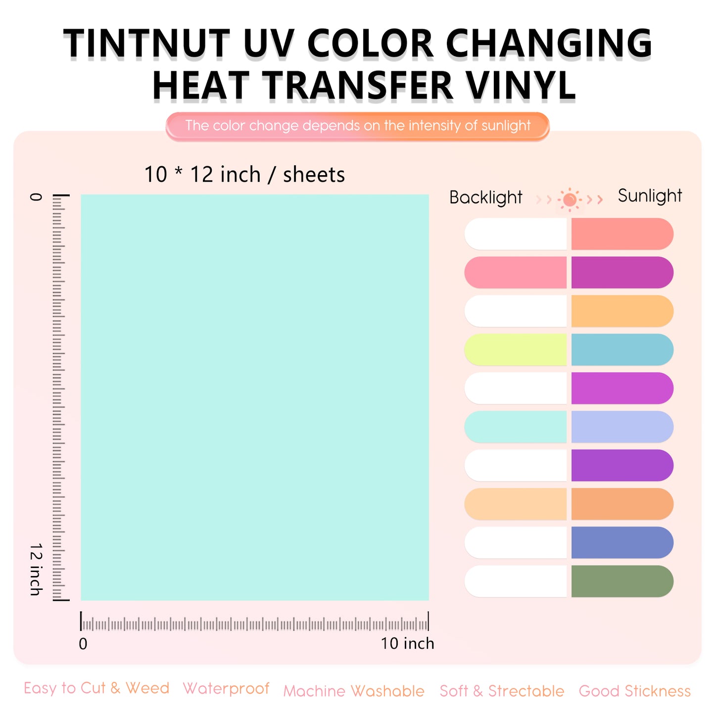 Tintnut Heat Transfer Vinyl - 4 Sheets 12x10inch UV Color Changing Iron on  Vinyl Solid Sun Sunlight Sensitive HTV for T-Shirts Compatible with Cricut
