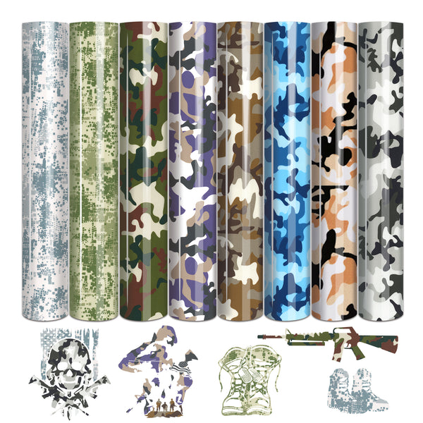 Tintnut Camo Heat Transfer Vinyl - 8 Sheets 12 x 10 inch PU Army Pattern Iron on Vinyl Camouflage Pattern Printed HTV DIY T-Shirt Canvas Bags for Cricut or Silhouette Cameo