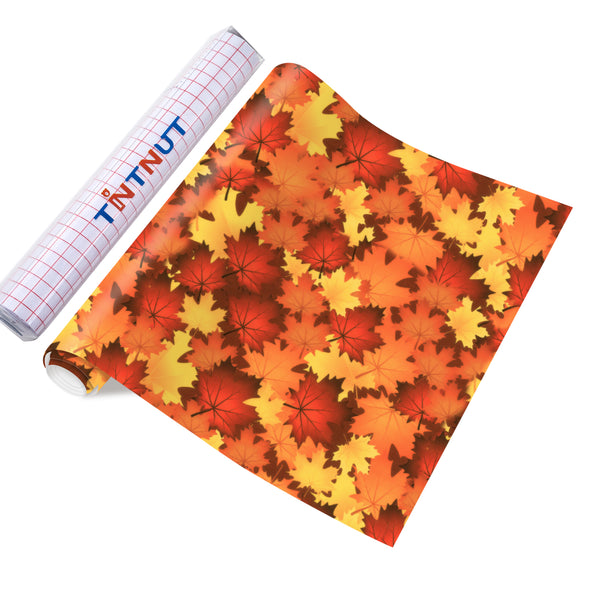 Tintnut Fall Permanent Adhesive Vinyl,Orange Autumn Pattern Vinyl Compatible with Cricut Machine, Thanksgiving Patterned Vinyl Sheets for Decor Sticker