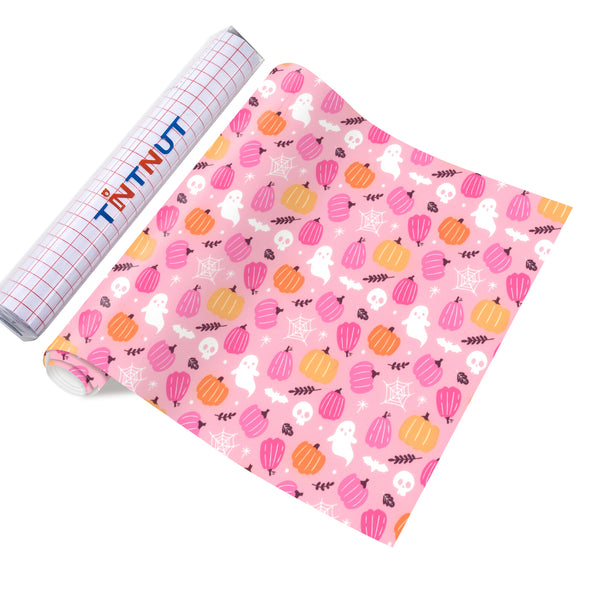 Tintnut Halloween Permanent Adhesive Vinyl,Pink Pumpkin Pattern Adhesive Vinyl,Home Decor Self Sticker