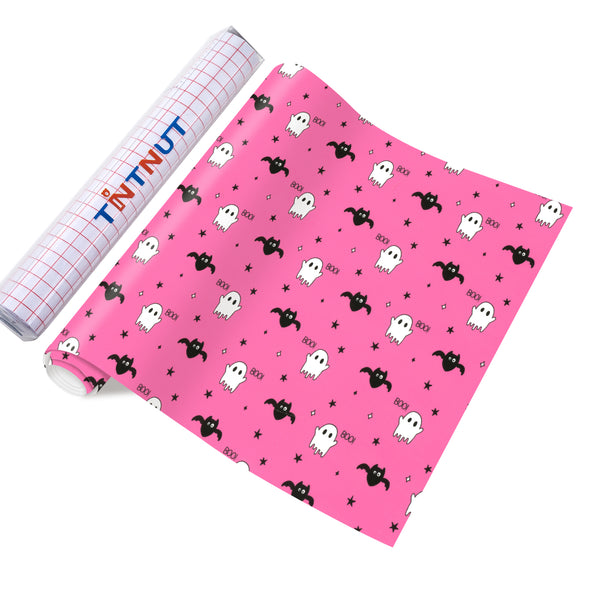 Tintnut Halloween Permanent Vinyl,Pink Pumpkin Ghost Pattern Permanent Adhesive Vinyl,Waterproof Material for DIY