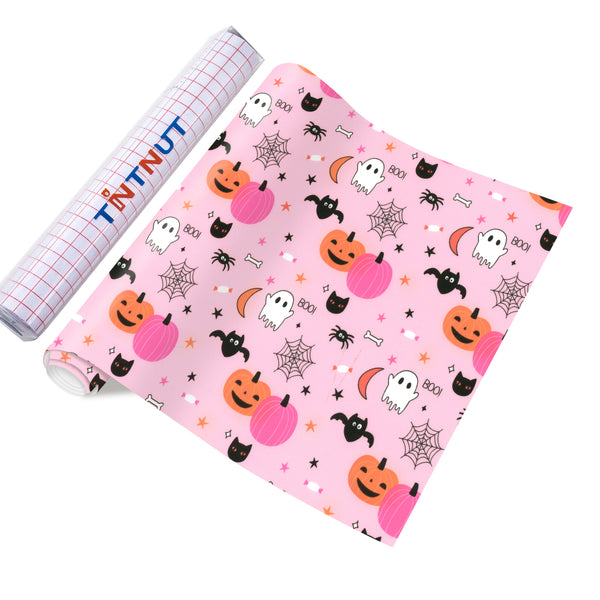 Tintnut Halloween Permanent Adhesive Vinyl,Pink Pumpkin Pattern Adhesive Vinyl,Waterproof Material for DIY