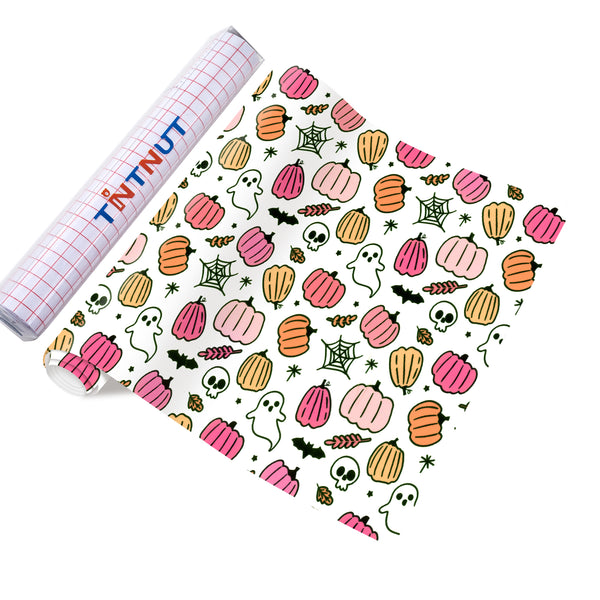 Tintnut Halloween Permanent Vinyl,Pink Pumpkin Pattern Permanent Adhesive Vinyl,Waterproof Material for DIY