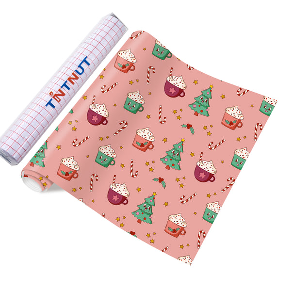 Tintnut Christmas Permanent Vinyl,Pink Christmas Permanent Adhesive Vinyl Compatible with Cricut Machine,Christmas Pattern Self Sticker Water proofing Vinyl