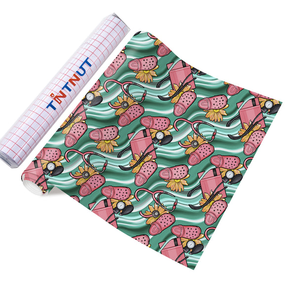 Tintnut Nurses Day Parmanet Vinyl,Pink And Dark Green Color Pattern Parmanet Vinyl,Waterproof Vinyl for Home Decor Self Sticker