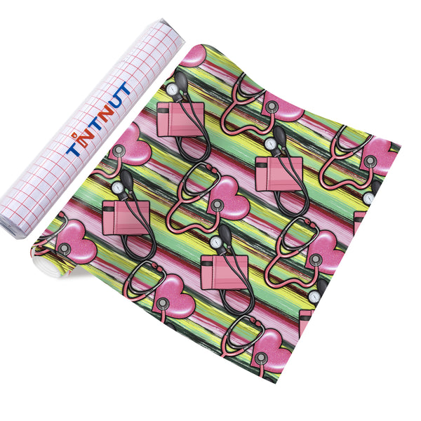 Tintnut Nurses Day Parmanet Vinyl,Pink And Light Green Color Pattern Parmanet Vinyl,Waterproof Vinyl for Home Decor Self Sticker
