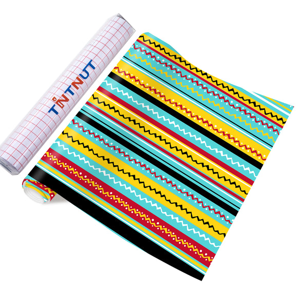 Tintnut Mexican Classic Yellow and Blue Stripes Pattern Permanent Adhesive Vinyl Sheets Self Sticker Water proofing Vinyl for DIY