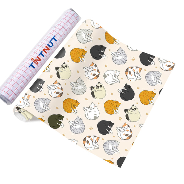 Tintnut Cat Patterned Permanent Vinyl,Colored Cat Permanent Adhesive Vinyl,Self Sticker Water proofing Vinyl Compatible with Cricut