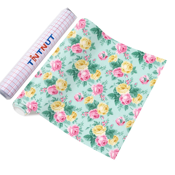 Tintnut Roses Permanent Vinyl Pink Green Adhesive Vinyl Sheets Floral Self Sticker Water proofing Vinyl