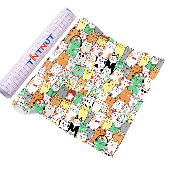 Tintnut Cat Patterned Permanent Vinyl,Colored Cat Permanent Adhesive Vinyl for Cutting Machine,Waterproof Vinyl for Home Decor Self Sticker