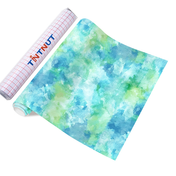 Tintnut Tie Dye Permanent Vinyl Blue Green Block Gradient Watercolor Art Patterned Adhesive Vinyl Sheets, Waterproof Self Sticker for DIY Crafts