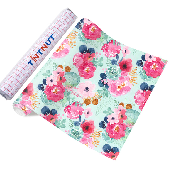 Tintnut Roses Permanent Vinyl Pink Green Adhesive Vinyl Sheets Floral Self Sticker Water proofing Vinyl