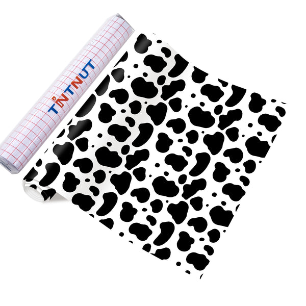 Tintnut Colorful Cow Permanent Vinyl, Black Cowhide Pattern Printed Adhesive Vinyl,Animal Print Vinyl for Decor Self Sticker