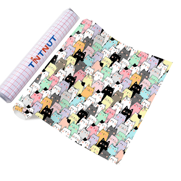 Tintnut Cute Colorful Cat Patterned Permanent Adhesive Vinyl,Colored Cat Permanent Vinyl for Cutting Machine,Waterproof Vinyl for Home Decor Self Sticker