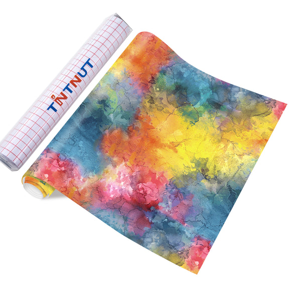 Tintnut Tie Dye Permanent Vinyl Multicolor Block Gradient Watercolor Art Patterned Adhesive Vinyl Sheets, Waterproof Self Sticker for DIY Crafts