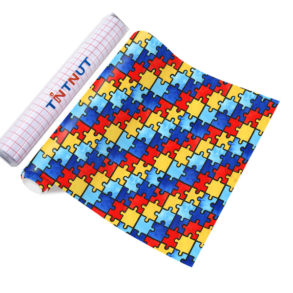 Tintnut Puzzles Adhesive Vinyl, Autism Awareness Puzzles Permanent Vinyl, Adhesive Vinyl Sheets, Pattern Self Sticker Water proofing Vinyl