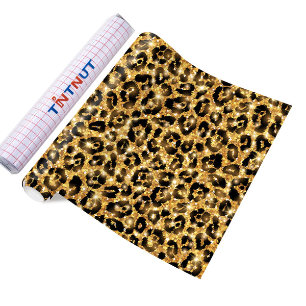 Tintnut Leopard Permanent Vinyl, Golden Glitter Cheetah Permanent Adhesive Vinyl Sheets, Animal Pattern Self Sticker Water proofing Vinyl