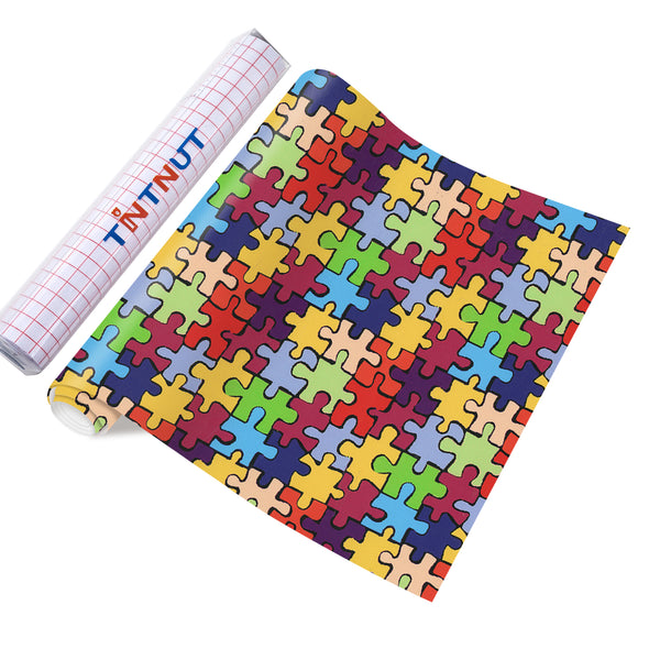 Tintnut Puzzles Adhesive Vinyl, Autism Awareness Puzzles Vinyl, Permanent Vinyl Sheets, Pattern Self Sticker Water proofing Vinyl