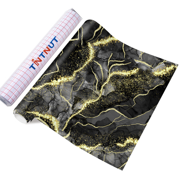 Tintnut Marble Permanent Vinyl, Black Gold Marble Adhesive Vinyl Sheets, Watercolor Gold Pattern Self Sticker Water proofing Vinyl