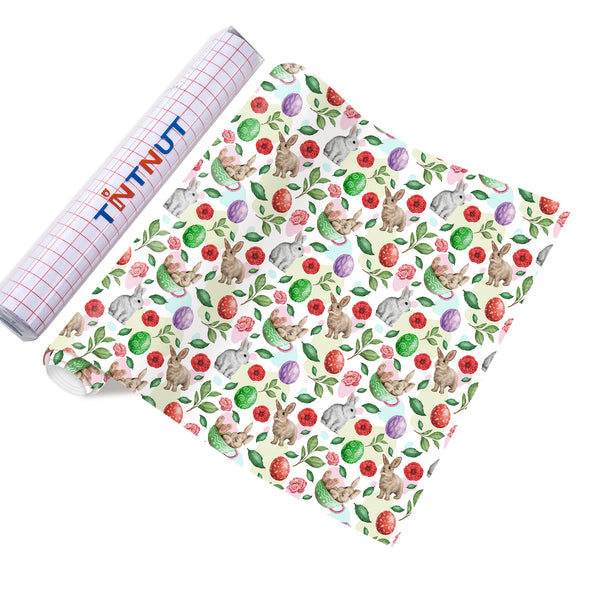 Tintnut Easter Egg Permanent  Adhesive Vinyl, Spring Pastel Pattern Adhesive Vinyl, Pink Bunny Prints Vinyl, Outdoor for Decor Self Sticker