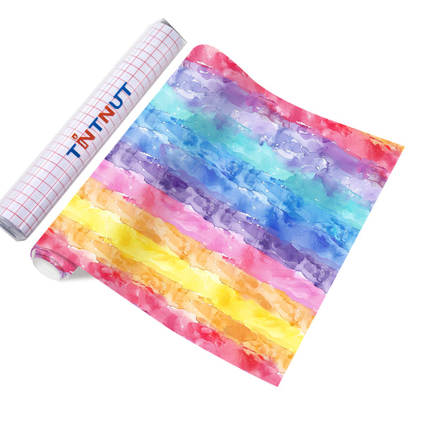 Tintnut Colorful Rainbow Gradient Watercolor Permanent Adhesive Vinyl Sheets Multicolor Pattern Self Sticker Water proofing Vinyl for DIY