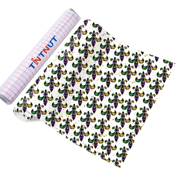 Tintnut Mardi Gras Permanent Vinyl, Masquerade Mask Pattern Adhesive Vinyl, Fleur-De-Lis Prints Carnival Outdoor Vinyl for Decor Self Sticker