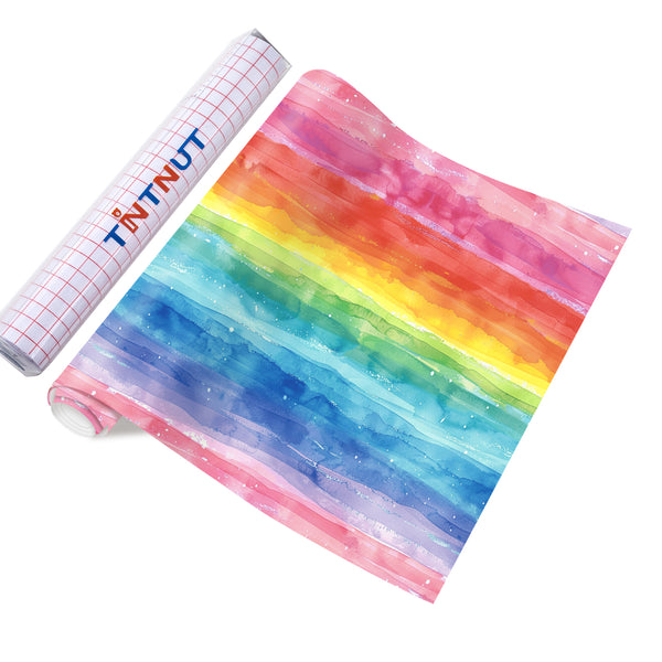 Tintnut Colorful Vibrant Rainbow Watercolor Permanent Adhesive Vinyl Sheets Multicolor Pattern Self Sticker Water proofing Vinyl for DIY