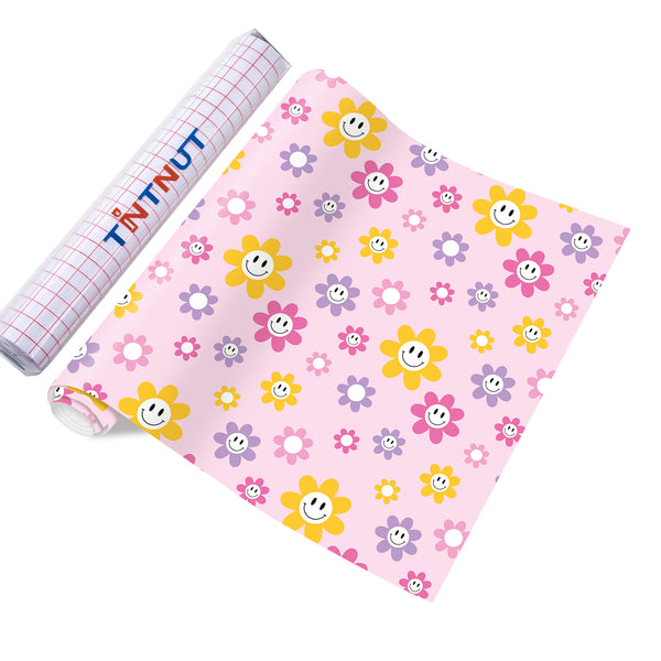 Tintnut Smiley Face Adhesive Vinyl,Daisy Flower Adhesive Vinyl, Groovy Pattern Vinyl, Permanent Outdoor Vinyl for Decor Sticker, Self Sticker Water proofing Vinyl