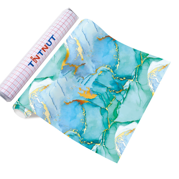 Tintnut Marble Permanent Vinyl, Blue Green Marble Adhesive Vinyl Sheets, Watercolor Gold Pattern Self Sticker Water proofing Vinyl