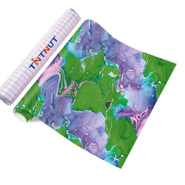 Tintnut Marble Permanent Vinyl, Green Purple Marble Adhesive Vinyl Sheets, Watercolor Gold Pattern Self Sticker Water proofing Vinyl