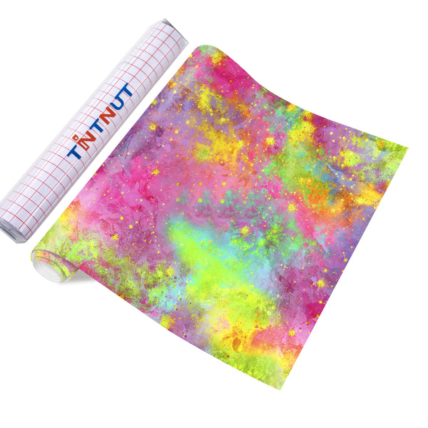 Tintnut Grungy Watercolor Permanent Adhesive Vinyl,Neon Splash Rainbow Pattern Adhesive Vinyl,Home Decor Self Sticker