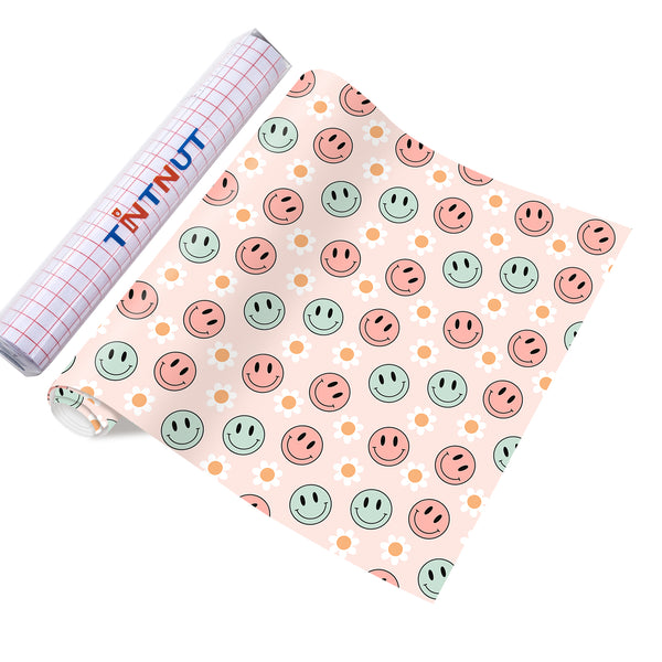 Tintnut Smiley Face Permanent Vinyl,Daisy Flower Adhesive Vinyl, Groovy Pattern Vinyl, Adhesive Outdoor Vinyl for Decor Sticker, Self Sticker Water proofing Vinyl