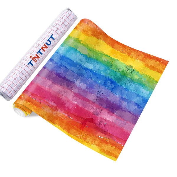 Tintnut Colorful Bright Rainbow Watercolor Permanent Adhesive Vinyl Sheets Multicolor Pattern Self Sticker Water proofing Vinyl for DIY