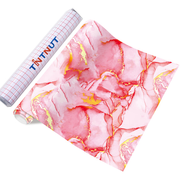 Tintnut Marble Permanent Vinyl, Pink Gold Marble Adhesive Vinyl Sheets, Watercolor Gold Pattern Self Sticker Water proofing Vinyl