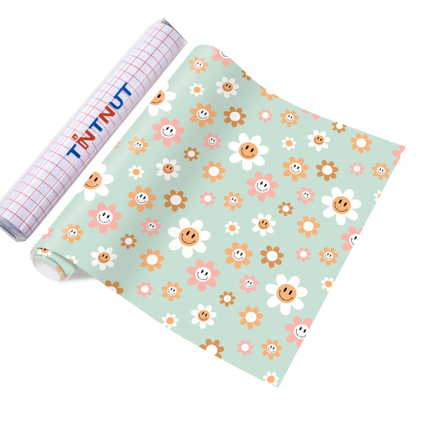 Tintnut Smiley Face Permanent Vinyl,Daisy Flower Adhesive Vinyl, Groovy Pattern Vinyl, Permanent Outdoor Vinyl for Decor Sticker, Self Sticker Water proofing Vinyl