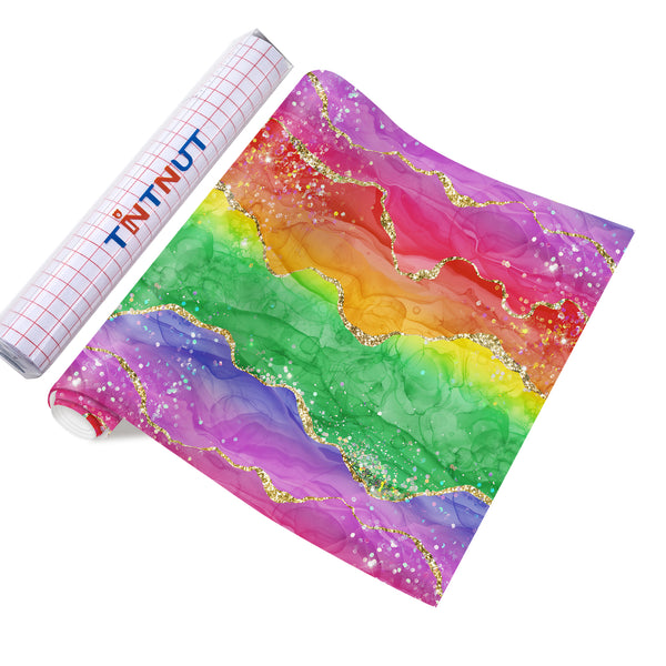 Tintnut Holographic Rainbow Gradient Watercolor Permanent Adhesive Vinyl Sheets Multicolor Pattern Self Sticker Water proofing Vinyl for DIY