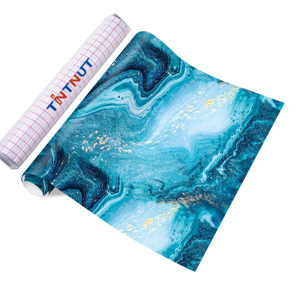 Tintnut Marble Permanent Vinyl, Gradient Blue Marble Adhesive Vinyl Sheets, Watercolor Gold Pattern Self Sticker Water proofing Vinyl