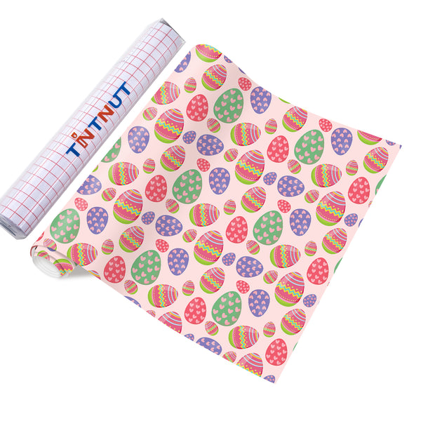 Tintnut Easter Egg Adhesive Vinyl, Spring Pastel Pattern Permanent Vinyl, Pink Bunny Prints Vinyl, Outdoor for Decor Self Sticker