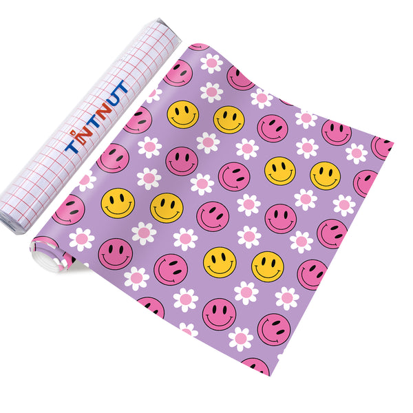 Tintnut Smiley Face Permanent Vinyl,Daisy Flower Adhesive Vinyl, Groovy Pattern Vinyl, Permanent Outdoor Vinyl