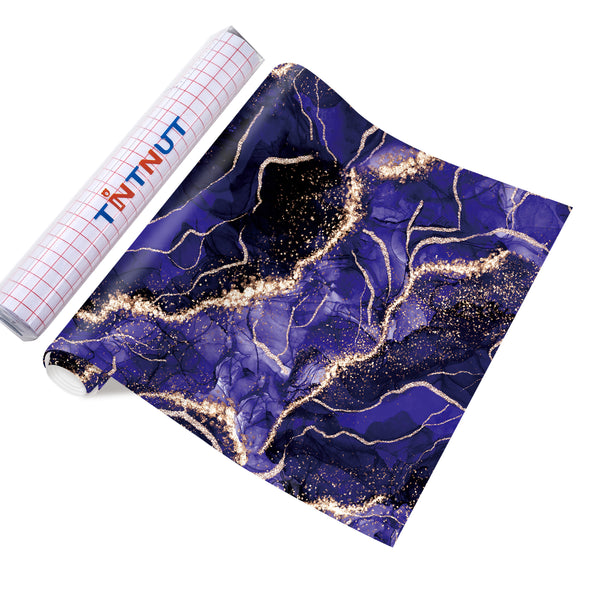 Tintnut Marble Permanent Vinyl, Deep Blue Marble Adhesive Vinyl Sheets, Watercolor Gold Pattern Self Sticker Water proofing Vinyl