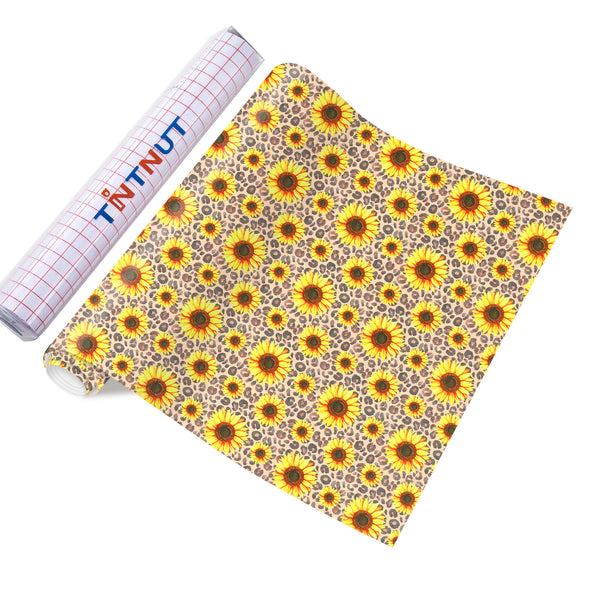 Tintnut Sunflower Permanent Vinyl, Leopard Background Yellow Sunshine Flowers Pattern Adhesive Vinyl Sheets