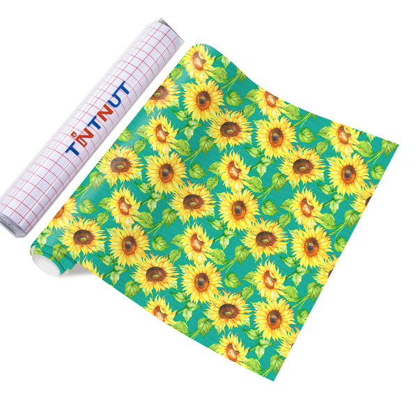 Tintnut Sunflower Permanent Vinyl, Green Background Blooming Sunshine Floral Pattern Adhesive Vinyl Sheets