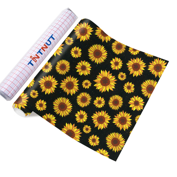 Tintnut Sunflower Permanent Vinyl, Black Background Sunshine Floral Pattern Adhesive Vinyl Sheets