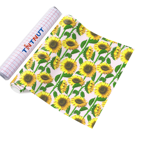 Tintnut Sunflower Permanent Vinyl, Pink Background Blooming Sunshine Floral Pattern Adhesive Vinyl Sheets