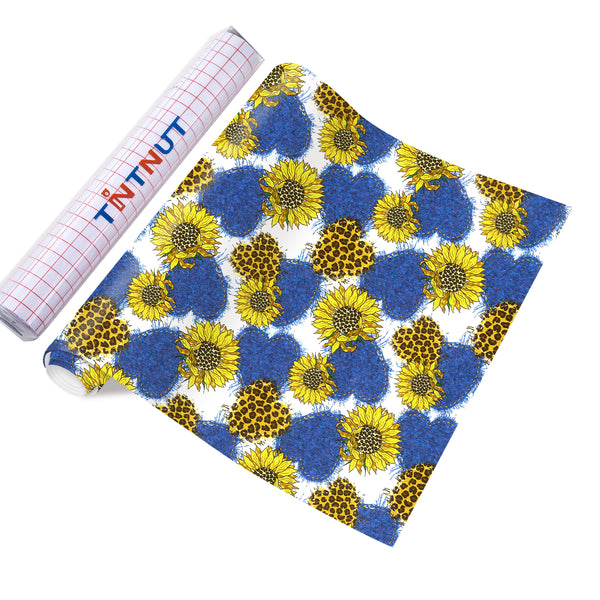 Tintnut Sunflower Permanent Vinyl, Blue Heart Background Sunshine Floral Pattern Adhesive Vinyl Sheets