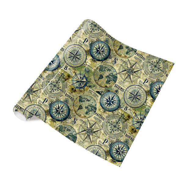 Tintnut Vintage Map Teal Retro Compass Pattern Heat Transfer Vinyl Patterned HTV for Fabric Iron on Vinyl for T-Shirts