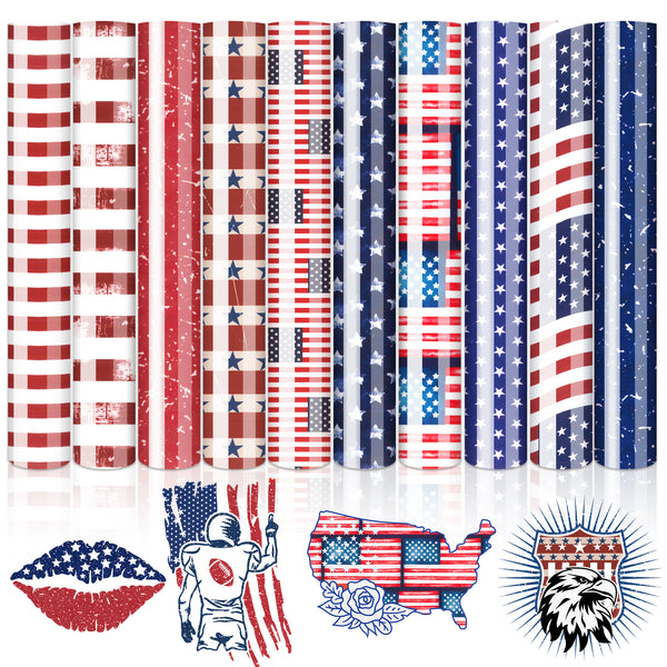 Tintnut American Flag Heat Transfer Vinyl - 10 Sheets 10x12 Inch Patriotic Navy Blue White Stars Independence Day Iron On Vinyl for Cricut & Silhouette Cameo