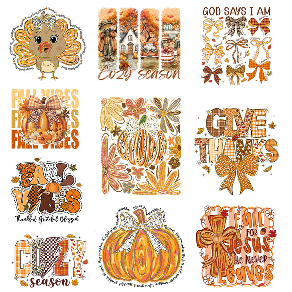Tintnut Fall DTF Transfers Ready to Press Iron on Transfers-10 Sheets Thanksgiving Iron on Decals for T-Shirts Clothing Pumpkin Heat Transfer Retro Iron on Stickers for Canvas Bag Design
