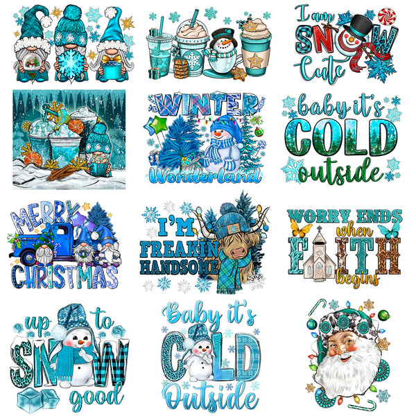 Tintnut Winter Snow Christmas DTF Transfers Ready to Press Iron on Transfers-12 Sheets Snowman Santa Pattern Iron on Decals for T-Shirts Clothing Heat Transfer Iron on Stickers for Canvas Bag Design