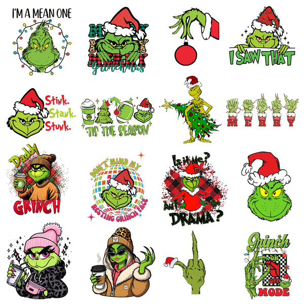 Tintnut Grinch Christmas DTF Transfers Ready to Press Iron on Transfers-16 Sheets Grinch Pattern Iron on Decals for T-Shirts Clothing Heat Transfer Iron on Stickers for Canvas Bag Design ﻿